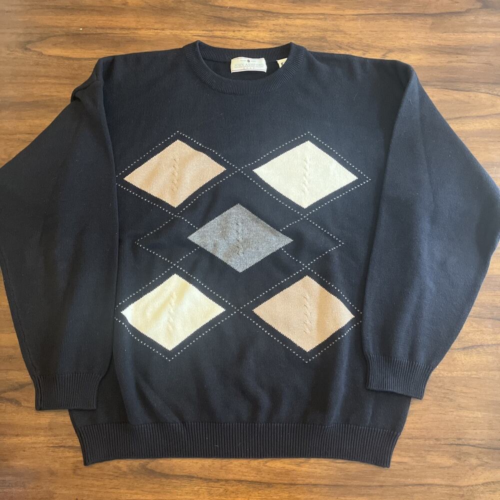 John Ashford Golf Sweater Men Sz XXL 100% Cotton Black Tan Argyle